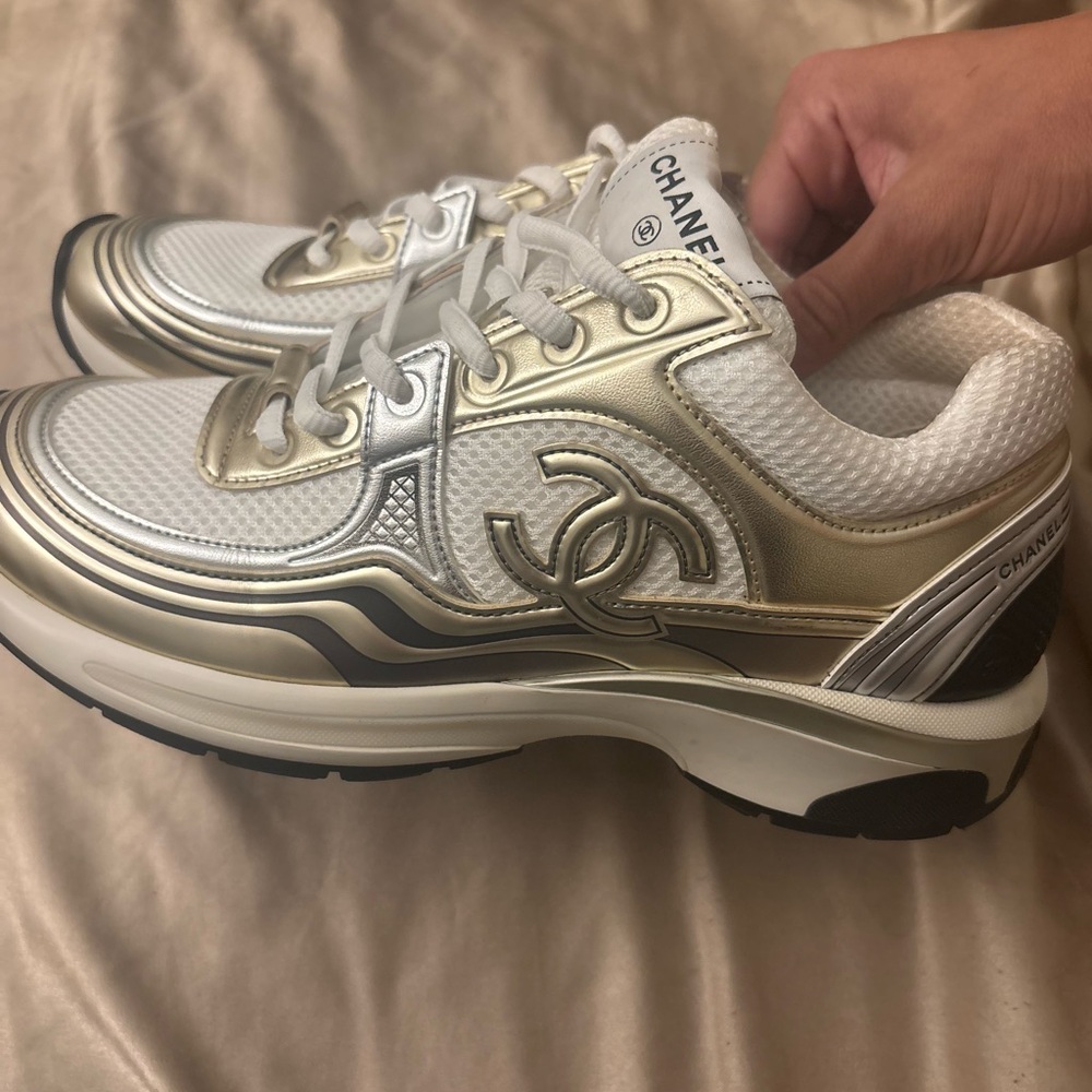 CHANEL Women's White and Gold Sneakers